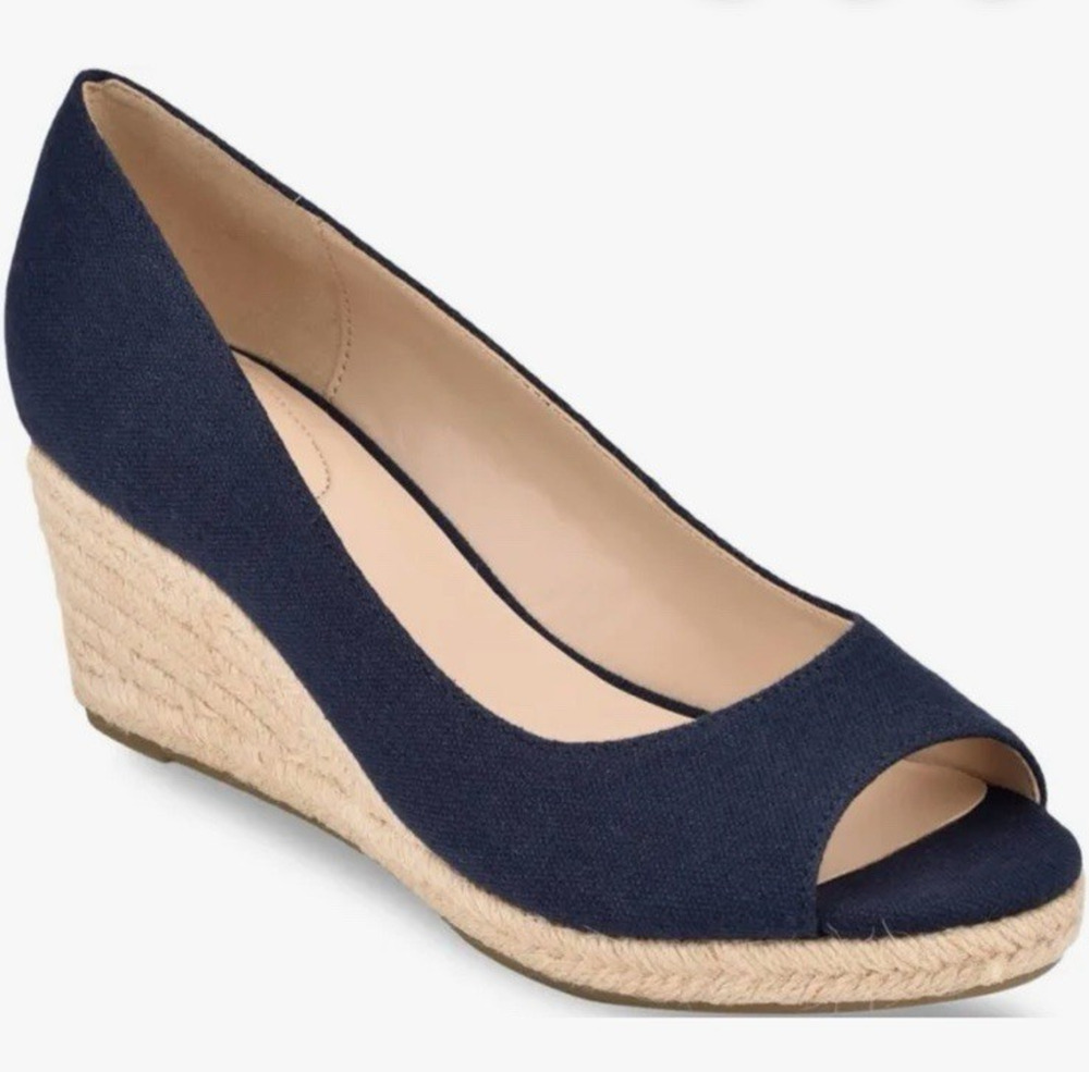 Bandolino Womens Navy Peep Toe Espadrille Wedge Sandals Blue Nuri 9.5 M